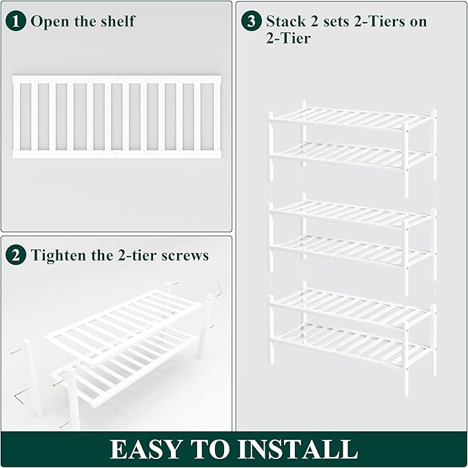 Smiry Shoe Rack, 6 Tier Thick Bamboo Shoe Organizer, Stackable Free Standing Wooden Shoe Storage Shelf for Closet, Entryway, Front Door Entrance, White