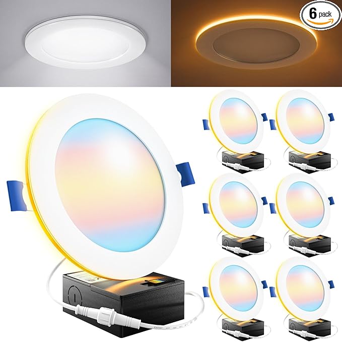 Sunco 6 Pack 6 Inch LED Recessed Light with Night Light, Slim Ceiling Lighting, 1500 Lumens, 15W (110W Equivalent), Selectable CCT 2700K/3000K/4000K/5000K/6000K, Dimmable, Canless with Junction Box.