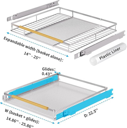 Expandable Pull Out Drawer Cabinet Organizer, Adjustable Width Bottom-Mounted Slide Out Storage Shelves for Cabinets, Required Cabinet Size (14.86"~25.86", D≥22.5"), 1 Pack
