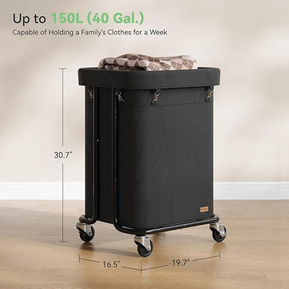 Laundry Basket with Wheels 150L/40Gal, Rolling Laundry Hamper with Steel Fram and Removable Washing Bag,Laundry Sorter Cart for Laundry Room,Hotel,Dorm,Black