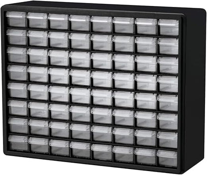 Akro-Mils 64-Drawer Plastic Drawer Storage Cabinet for Garage Organization, Bead Organizer, Building Bricks Storage, Teacher Toolbox, Makeup Organizer, 20" W x 6" D x 16" H, 10164 Black