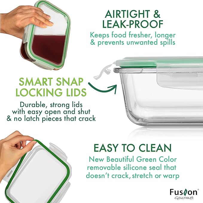 Fusion Gourmet 8 Pack 35 oz Glass Storage Containers with Lids - Airtight, Leakproof, Oven, Microwave & Freezer Safe, Stain & Odor Resistant, Reusable Meal Prep Containers (16-Piece)