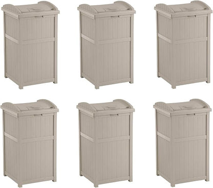 Suncast 6 Pack 15.75" x 16" x 31.6" Trash Hideaway 33 Gallon Resin Outdoor Commercial Garbage Container with Lid for Backyard, Deck, or Patio in Taupe