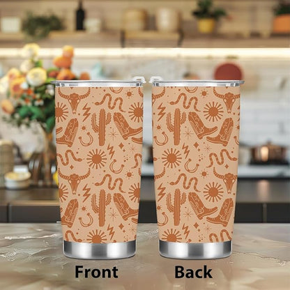 jeilink Birthday Christmas Decor Boho Western Coffee Tumbler, 20 oz Tumblers, Insulated Coffee Mug, Stainless Steel Thermal Cup Travel Coffee Cup, Cow Print Stuff Western Gifts for Women Men Coworker