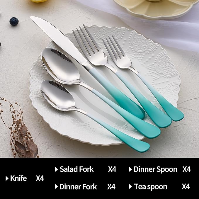 20-Pieces Color Silverware Sets for 4,Green and White Handle Stainless Steel Cutlery Set, Include Forks Spoons and Knives Set, Dishwasher Safe Utensil Sets for Home Restaurant