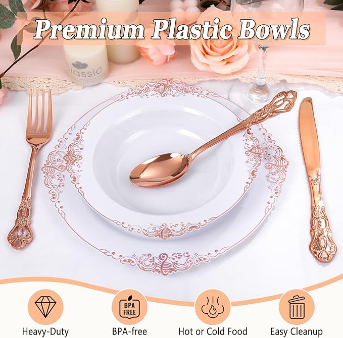 100PCS Rose Gold Plastic Bowls - 12 oz Disposable Salad Bowls - Heavy Duty Disposable Soup Bowl - Fancy Plastic Ice Cream Bowl for Weddings Parties Catering Picnics