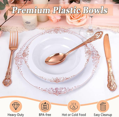 100PCS Rose Gold Plastic Bowls - 12 oz Disposable Salad Bowls - Heavy Duty Disposable Soup Bowl - Fancy Plastic Ice Cream Bowl for Weddings Parties Catering Picnics
