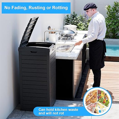 Outdoor Trash Can with Lid, Outdoor Trash Bin & Pull-Out Liquid Drawer, Dual Lid Closure Design, Waterproof Resin Garbage Can Container for Patio, Backyard, Deck (Black, 38Gallon)