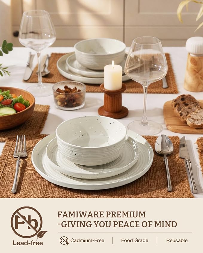 Stoneware Dinnerware Sets for 6, Plates and Bowls, Cream | 18-Piece Ceramic