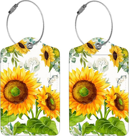 2 Pcs Luggage Tags for Suitcases, PU Leather Cruise Ship Luggage Tags with Privacy Cover Label Address Card and Durable Metal Ring Suitable for Men Women Children Handbags Backpacks,Sunflower
