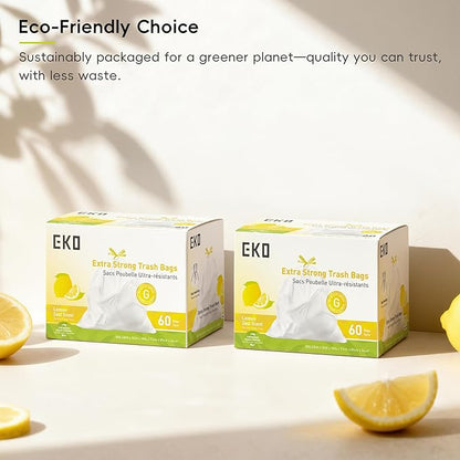 EKO 21 Gallon / 50-90 Liter, 60 Count Drawstring Trash Bags, Extra-Strong Garbage Bags, Lemon Zest Scent with Continuous Odor Control, Easy-Dispense Roll for Kitchen and Household Use, Code G, White