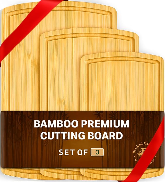 Wood Cutting Boards for Kitchen - Bamboo Cutting Board Set with Deep Juice Groove & Side Handles - Carving Chopping Board Butcher Block for Meat, Vegetables, Charcuterie, Cheese, Serving, or Meal Prep