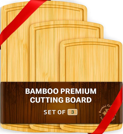 Wood Cutting Boards for Kitchen - Bamboo Cutting Board Set with Deep Juice Groove & Side Handles - Carving Chopping Board Butcher Block for Meat, Vegetables, Charcuterie, Cheese, Serving, or Meal Prep