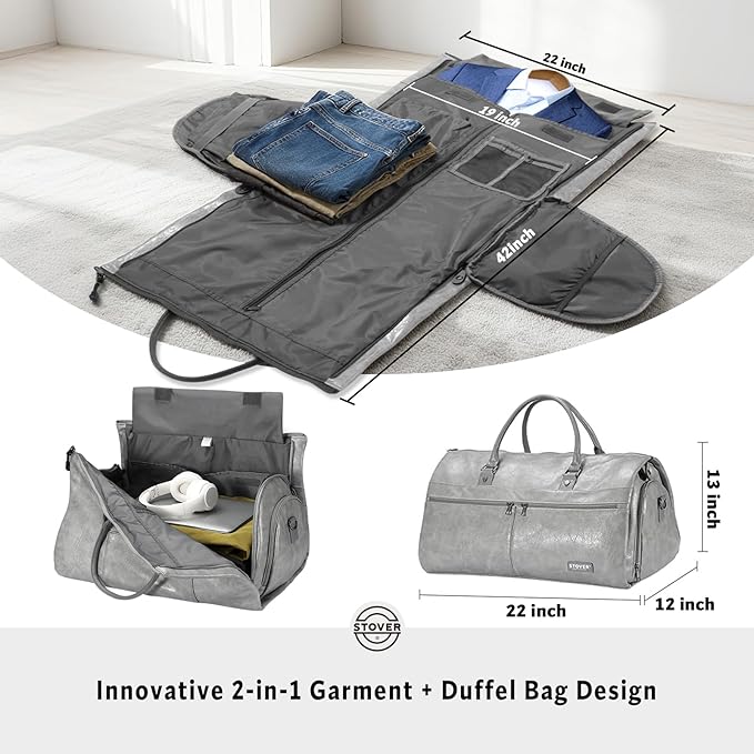 STOVER Garment Travel Duffle Bag, Large 2-in-1 Convertible Carry-on Luggage for Men & Women- Hanging Suits, Dresses & Clothes + Shoe Compartment- Weekender Tote Combo Duffel (Grey Leatherette)