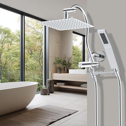Hibbent All Metal Shower Head, 8'' High Pressure Rainfall Shower Head, Showerhead Combo, Handheld Shower Wand, 12'' Adjustable Curved Shower Extension Arm, 71'' Hose, Shower Head Holder, Chrome