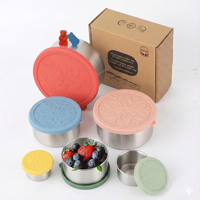 12 Pcs - 6 Stainless Steel Containers + 6 Silicone Lids | 304 Stainless Steel Snack Container | Nesting Snack and Dip Containers | Metal Food Storage