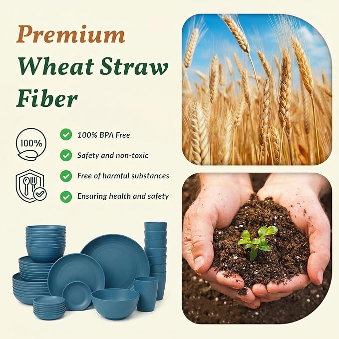 Wheat Straw Dinnerware Sets for 8, Microwave Dishwasher Safe Dish Set, Reusable