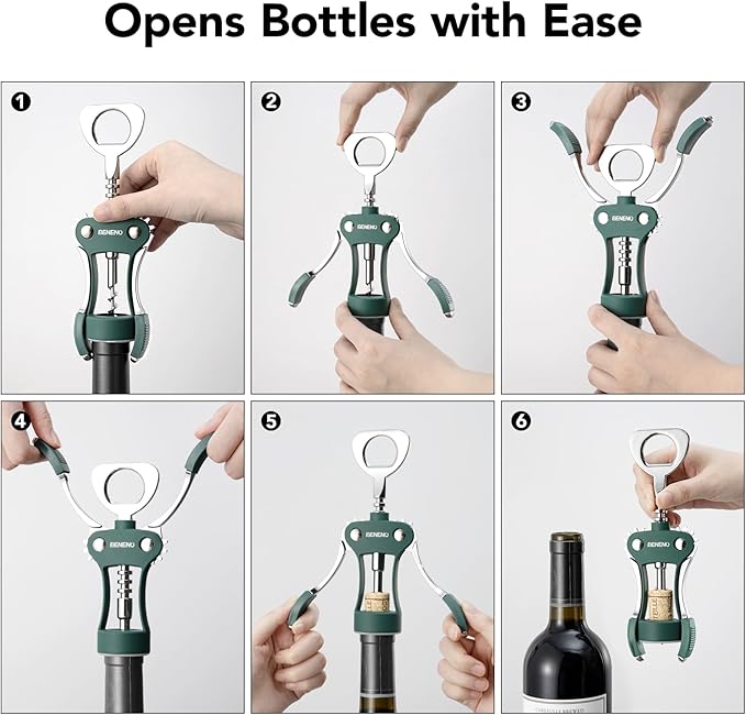 Beneno Wine Opener, Zinc Alloy Premium Wing Corkscrew with Multifunctional Bottles Opener, Sharp Wine Corkscrew with Ergonomic Non-Slip Wing Handle, Dark Green