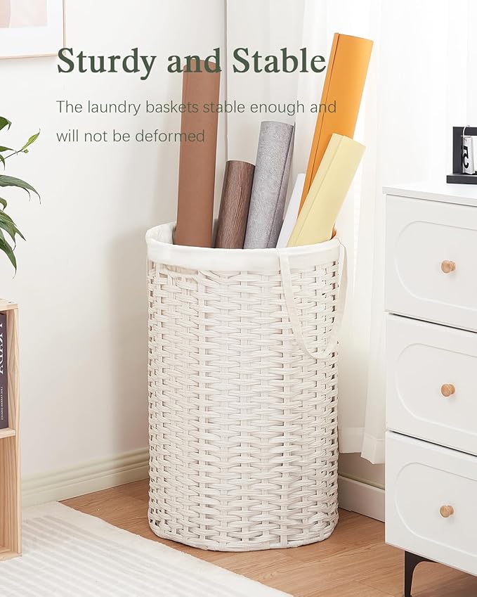 34.3 Gal (130 L) Large Laundry Hamper Laundry Basket Round Handwoven Wicker Laundry Baskets Rattan Laundry Basket with Removable Bag Handles 2 Mesh Bags for Living Room Bedroom White