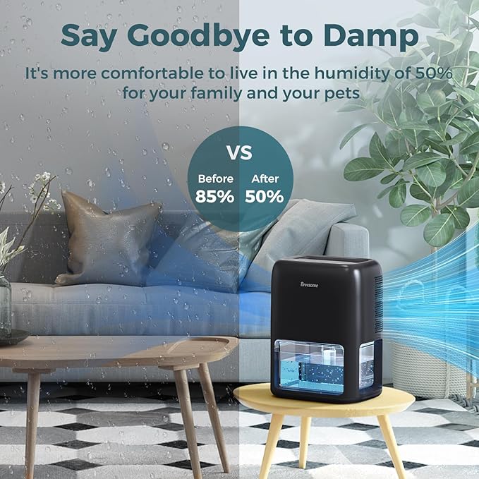 BREEZOME 60 OZ Dehumidifiers for Home, Dual-Semiconductor Quiet Dehumidifier with Timer Auto-Off Sleep Mode 7 Colors Light Portable Small Dehumidifiers for Bathroom, Cloakroom, RV, Black