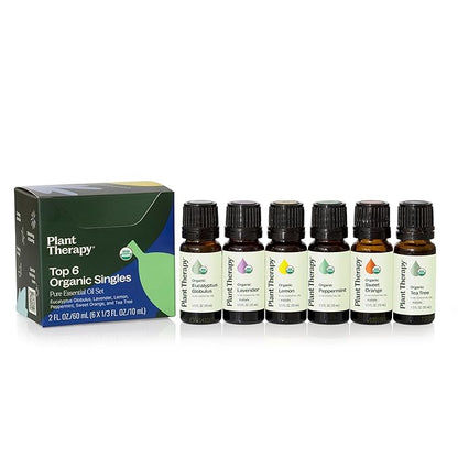 Plant Therapy Top 6 USDA Organic Essential Oil Set - Lavender, Peppermint, Eucalyptus, Lemon, Tea Tree 100% Pure, Natural Aromatherapy, for Diffusion & Topical Use, Therapeutic Grade 10 mL (1/3 oz)