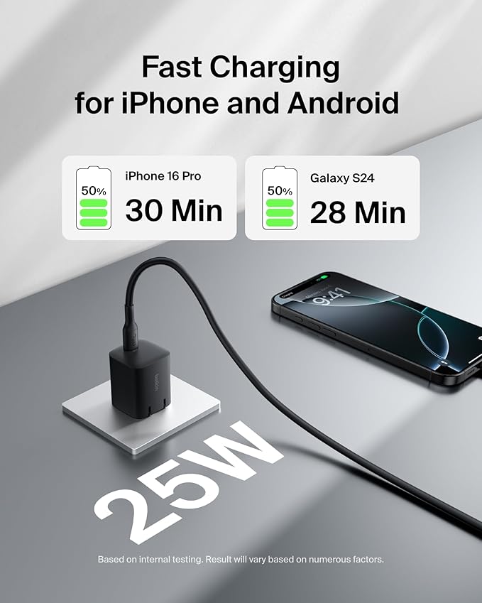 Belkin USB C Charger Block 25W – PD3.0 PPS Super Fast Charging - Samsung Galaxy S25, S24, Apple iPhone 17, Air, Pro, Pro Max, AirPods, Apple Watch, Google Pixel 10, Nintendo Switch, etc - Black