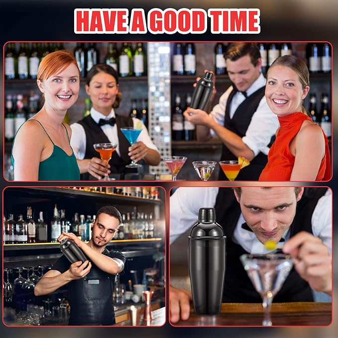 Nitial 6 Pcs Bar Cocktail Shaker Professional Stainless Steel Martini Drink Mixer Built-in Strainer for Bartending No Leaks Shaker for Bar Party Drink Mixer (Black,25 oz)