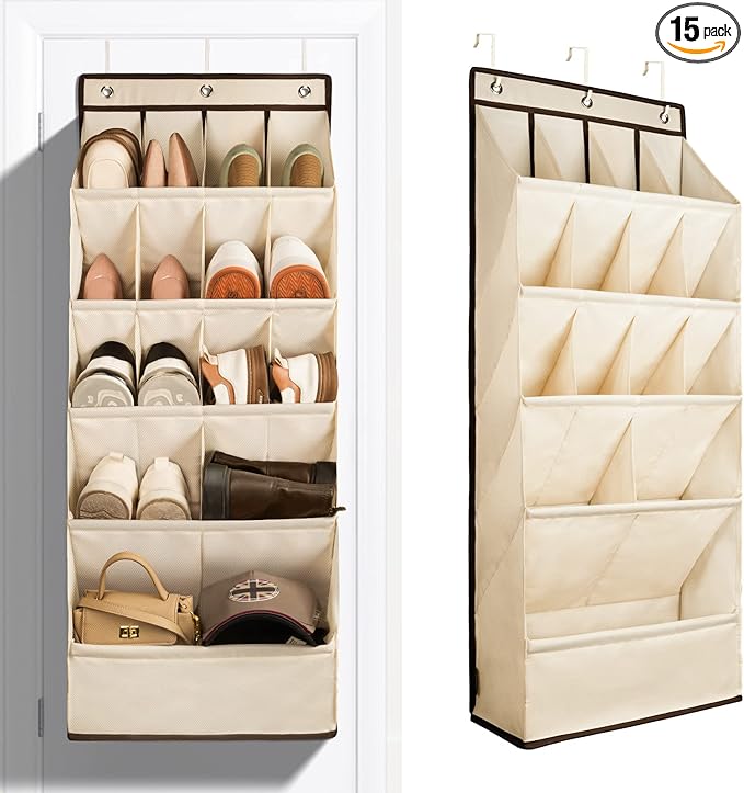 FENTEC 1 Pack Over the Door Shoe Organizers, Hanging Shoe Organizer with Large Deep Pocket Shoe Holder for Closet Shoe Rack for Wall, Over Door Shoe Storage Hold up to 18 Pairs Shoe, Beige
