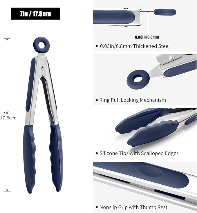 Doosu Kitchen Tongs for Cooking - 600°F Heat Resistant Food Tong with Non-Scratch Silicone Tips, Heavy Duty Stainless Steel Locking Tong for BBQ, Grilling Steak, Serving Salad Pasta (7in, Navy Blue)