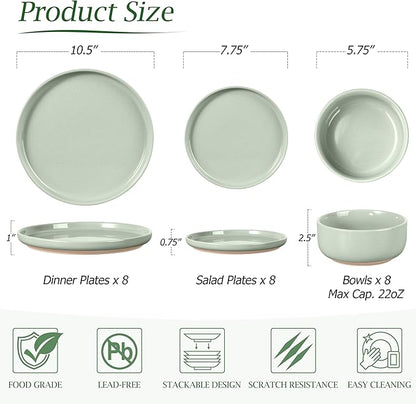 LIANYU Plates and Bowls Sets for 8, 24 Piece China Dinnerware Stoneware Set, Porcelain Dishware for Microwave, Dishwasher, Oven, High temperature Resistant, Fog Green