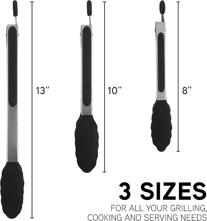 COOK WITH COLOR Stainless Steel Silicone Tipped Kitchen & BBQ Tongs Set, 3 Pc. Tongs, Black