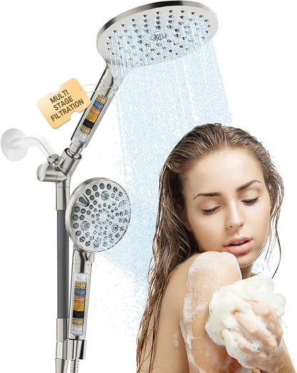 Filtered Rainfall Shower Head with Handheld Spray Combo, Dual Shower Head Combo High Pressure, Double Sprayer Filter Shower Head with Extra Long Hose & Adjustable Shower Arm (Brushed Nickel)