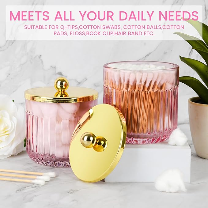 Bathroom Accessories Set,4 Pcs Pink Glass Bathroom Accessories Set with Toothbrush Holder,Lotion Soap Dispenser,2 Qtip Holder Dispensers - Countertop Organizer for Modern Bathroom Decor - Pink