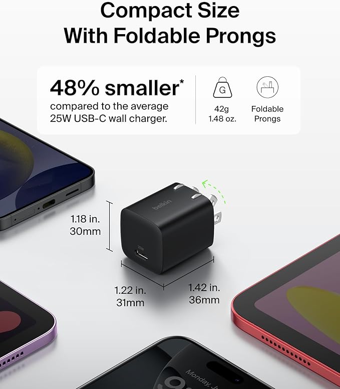 Belkin USB C Charger Block 25W – PD3.0 PPS Super Fast Charging - Samsung Galaxy S25, S24, Apple iPhone 17, Air, Pro, Pro Max, AirPods, Apple Watch, Google Pixel 10, Nintendo Switch, etc - Black