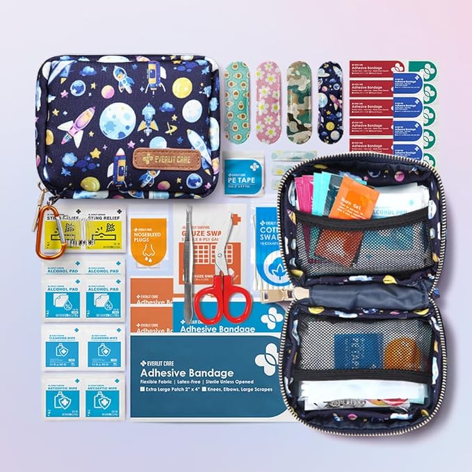 EVERLIT Mini Rescue Pack | 105 Medical Essentials Organized in Portable Storage Bag | Pocket Size Kids First Aid Kit with D Ring | Small Family-Friendly Travel Medical Kit (Space)
