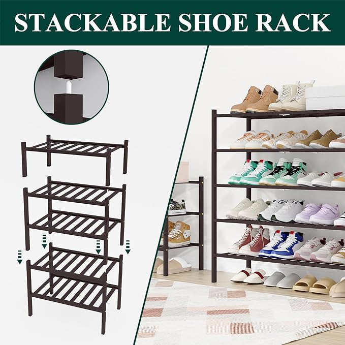 Smiry Shoe Rack, 6 Tier Long Bamboo Shoe Organizer, Stackable Free Standing Wooden Shoe Storage Shelf for Closet, Entryway, Front Door Entrance, Brown