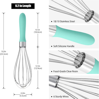 18/8 Stainless Steel Balloon Whisk, Doosu Kitchen Whisk for Cooking Handheld Egg Beater with Rust-Proof Sturdy Wires & Non-Slip Silicone Handle for Beating, Stirring, Blending (6 Wires, Aqua Sky)