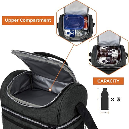 OPUX Lunch Box For Men Women, Insulated Large Double Decker Lunch Bag, Charcoal Gray, 10x7.5x10 Inches