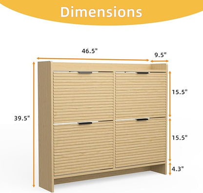 Large Shoe Storage Cabinet with 4 Flip Drawers, Wood Freestanding Shoe Organizer for Entryway Hidden Narrow Shoe Rack Cabinet, Nature Oak