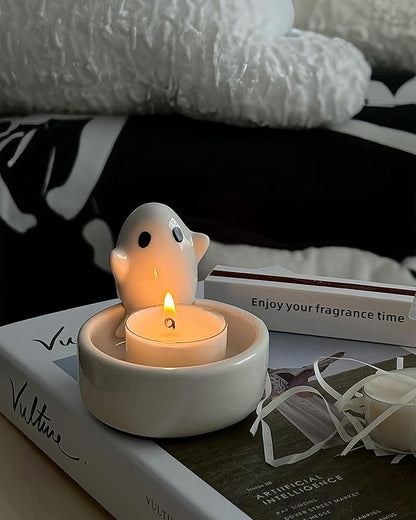 Ghost Candle Holder with Tea Light Candle, Cute Ceramic Ghost Tea Light Candle Holders, Handmade Candlestick, Halloween Decor, Gift for Girls Lovers Women, Scented Candle Included