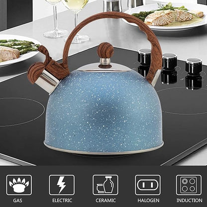Vilihkc Whistling Stainless Steel Tea Kettle with Wood Grain Anti Heat Handle,2.6 Quart/2.5 Liter Stainless Steel Tea Kettles,Loud Whistling for Tea,Coffee,Gas Electric Applicable