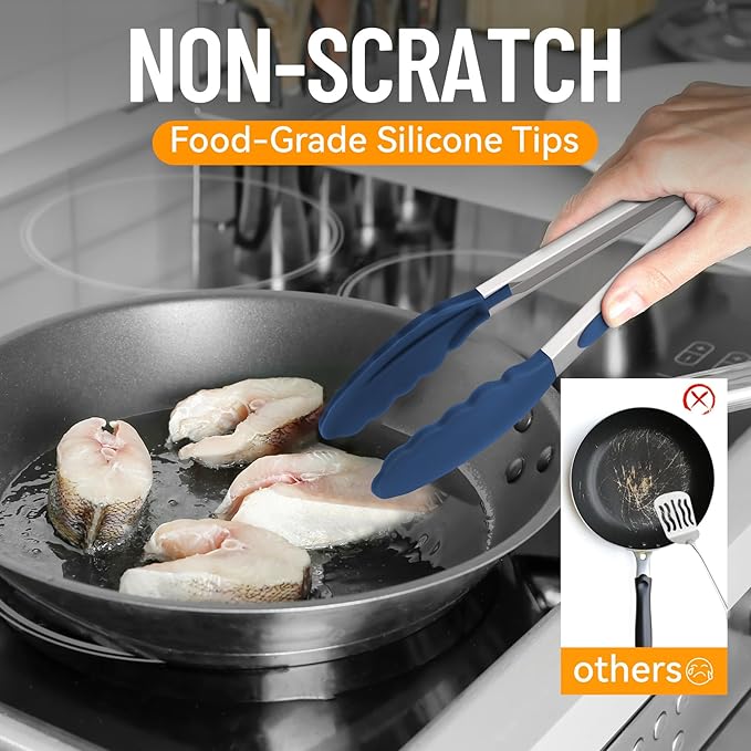 Hotec Silicone Kitchen Tongs for Cooking 9-Inch Serving Tongs with Silicone Tips, Set of 3 (Gradient Blue)
