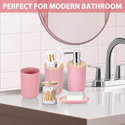 iMucci Bathroom Accessories Set 5Piece Pink Bathroom Sets, Toothbrush Holder, Toothbrush Cup, Lotion Soap Dispenser, Soap Dish and Qtip Holder Bathroom Decor