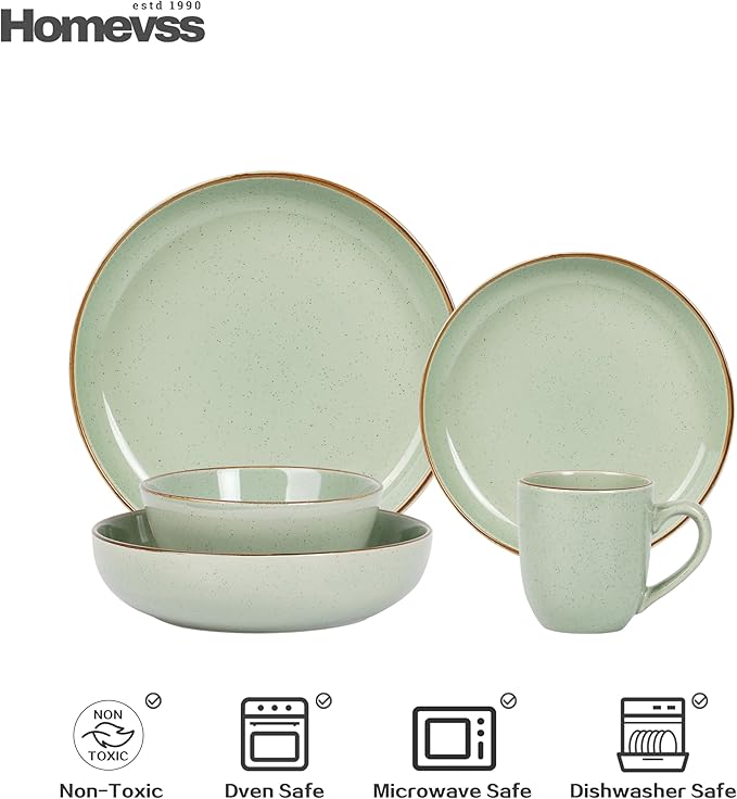 Eur-Nordic Shape Raising Rim 20pc Dinnerware Set, Shiny Glaze Green with Speckle Effect