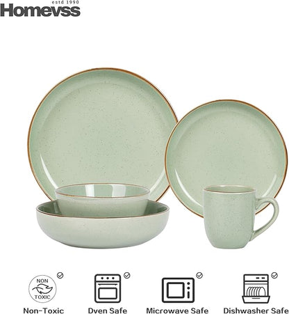 Eur-Nordic Shape Raising Rim 20pc Dinnerware Set, Shiny Glaze Green with Speckle Effect