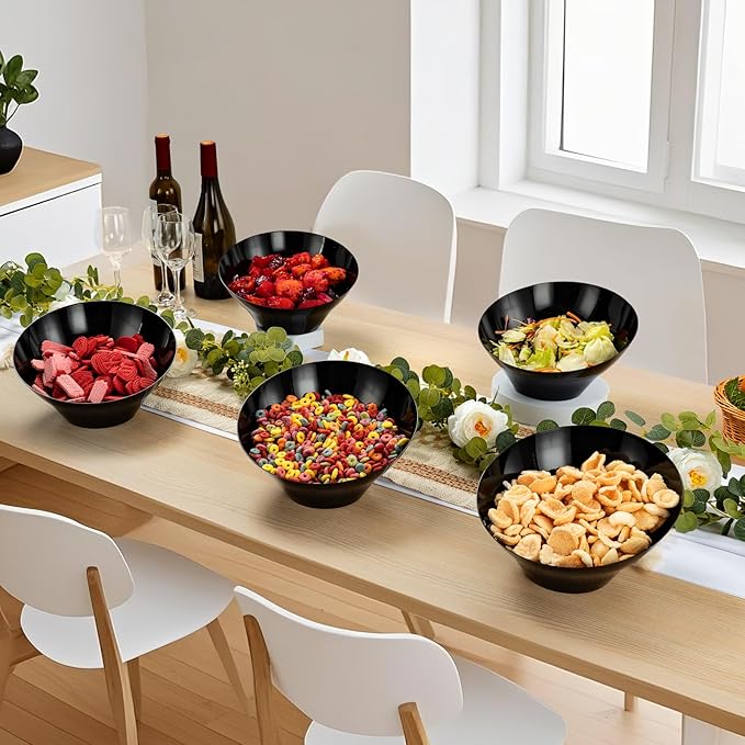 BESTVIP 54oz Black Plastic Serving Bowls for Party - 12 Pack Angled Disposable Serving Bowls, Party Bowls for Chips, Snacks, Fruit, Salad - Catering Bowls for Daily Use, Parties,Halloween, Christmas