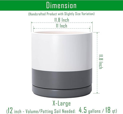 D'vine Dev 12 Inch Ceramic Planter Pot with Drainage Hole and Saucer, Indoor Cylinder Round Planter Pot, White/Speckled Grey, 94-O-F-6