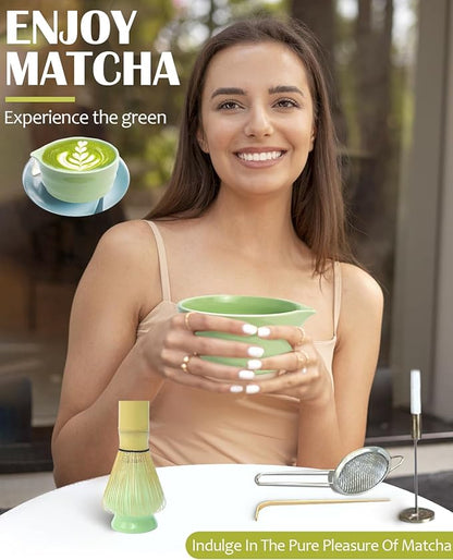 Matcha Whisk Set with Matcha Bowl, Matcha Whisk Holder Matcha Bamboo Whisk, Scoop, Sifter, Unique Gifts for Women Men Girl Friend Home Kitchen Decor（Light Green）