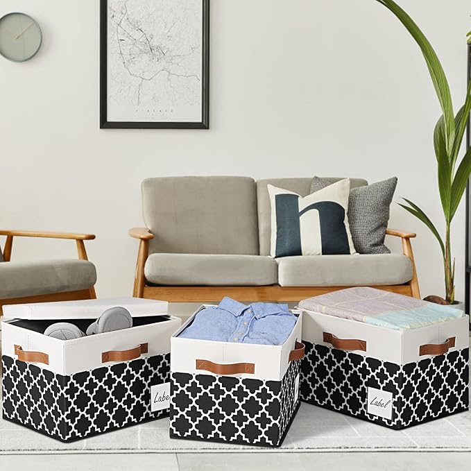 GhvyenntteS Fabric Storage Bins with Lids 3 Pack, Foldable Fabric Storage Boxes with Lids and 3 Handles, Sturdy Closet Organizers and Storage Bins with Label Window for Home (White&Lattice Black)