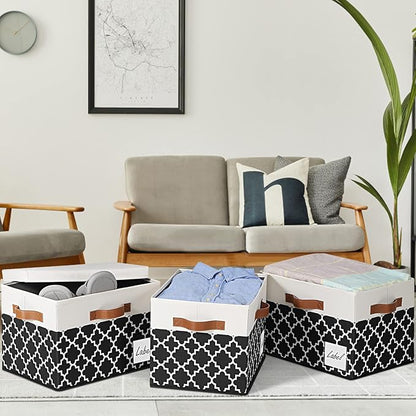 GhvyenntteS Fabric Storage Bins with Lids 3 Pack, Foldable Fabric Storage Boxes with Lids and 3 Handles, Sturdy Closet Organizers and Storage Bins with Label Window for Home (White&Lattice Black)
